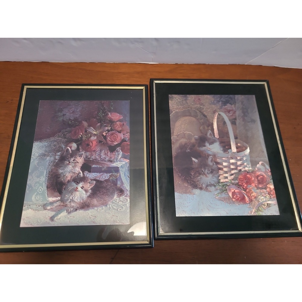 Vintage 2 Holographic‎ Foil Kittens Wall Art Print Framed Flowers Basket